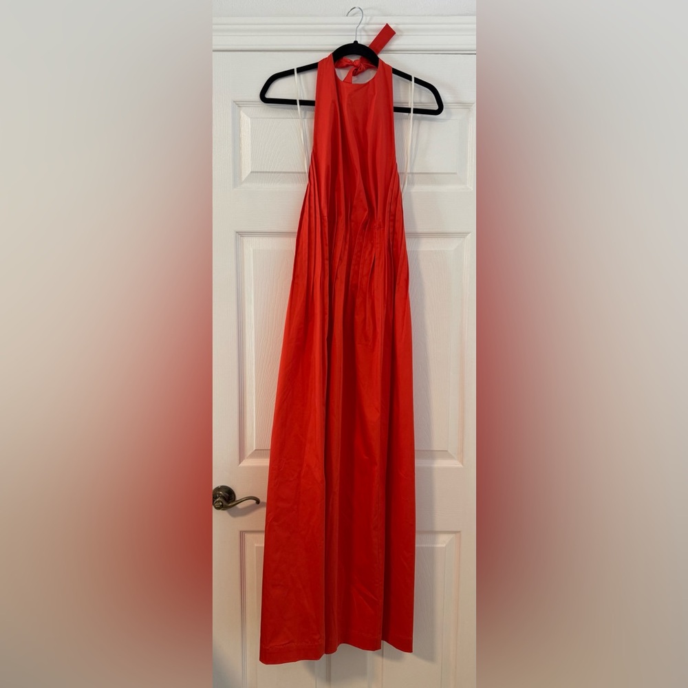 BONDI BORN Vibrant Coral Red Pampelonne Sleveledd Plated Maxi Dress NWT - Picture 3 of 4